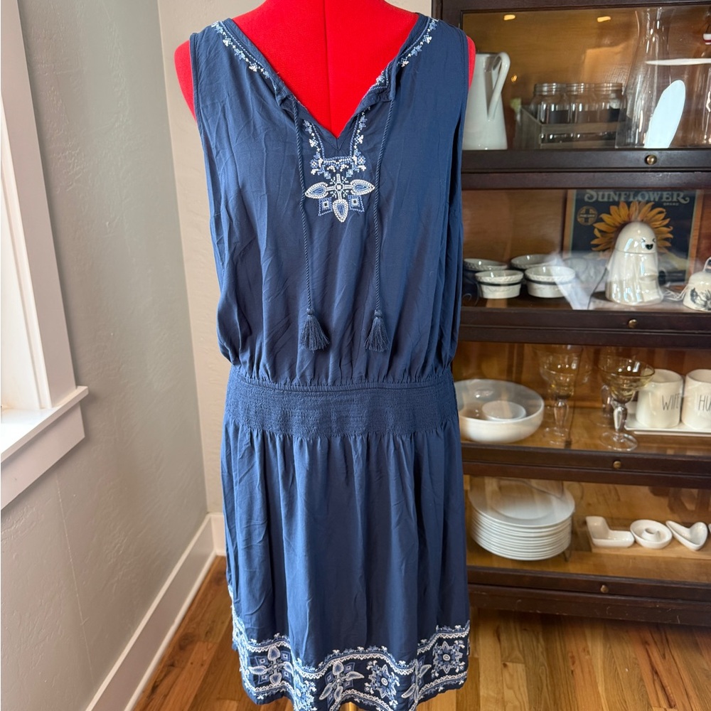 J. Jill Navy Blue Sleeveless Embroidered Summer Boho Dress Size M